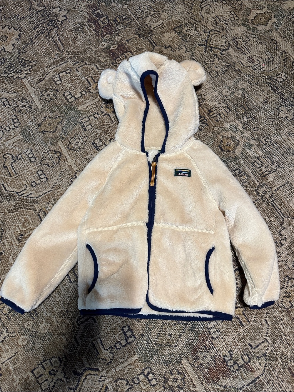 L.L. Bean Cream Sherpa Hoodie with Navy Trim